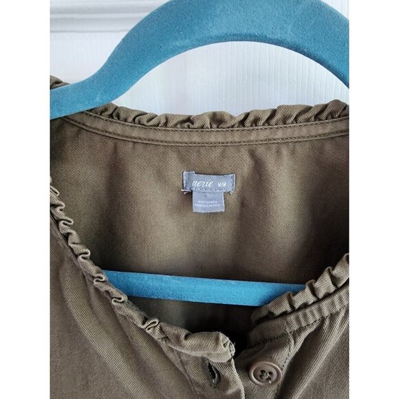 Aerie | Dark Olive Green Long Sleeve Button Front Jumpsuit Cinched Tie Waist Med - Picture 3 of 7